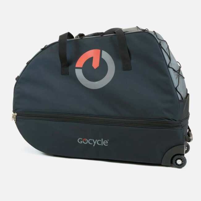 Maleta de viaje en color gris oscuro cerrada, ideal para transportar y proteger la Gocycle, vista desde el lateral