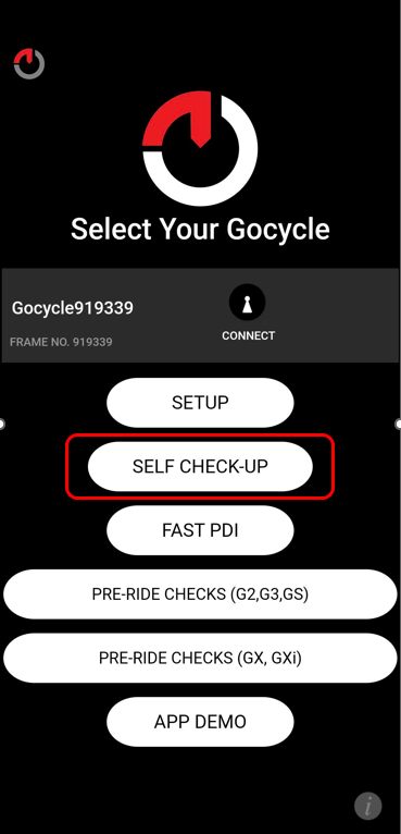 Captura de pantalla del apartado autochequeo GocycleConnect ® App