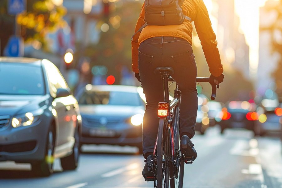 Ciclista sorteando tráfico urbano