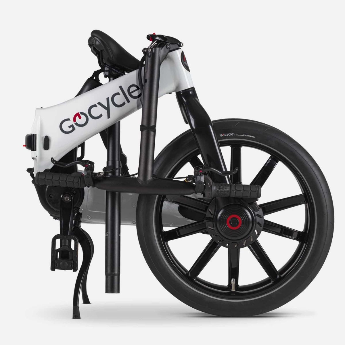 Bicicleta Gocycle G4 plegada, mostrando su diseño compacto