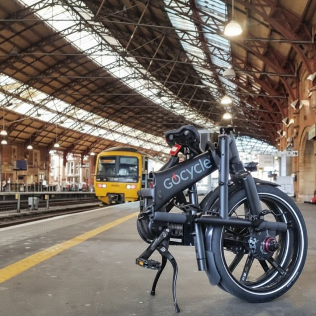 Bicicleta eléctrica Gocycle G4 plegada en entorno urbano.