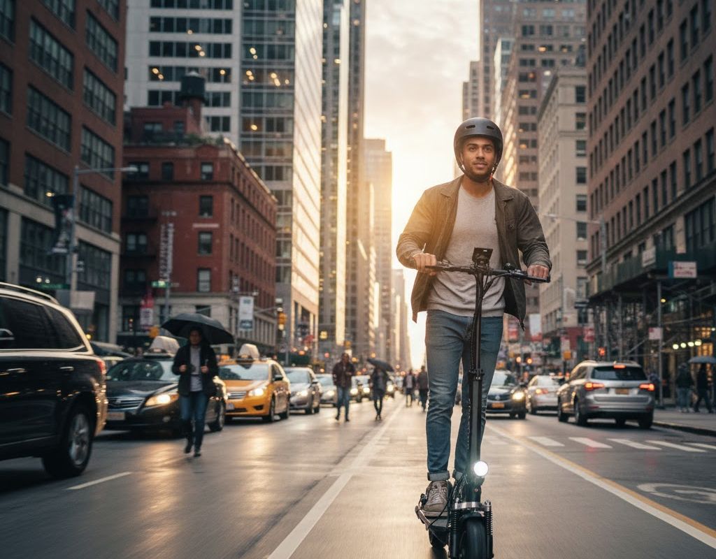 Persona en patinete eléctrico en la ciudad.