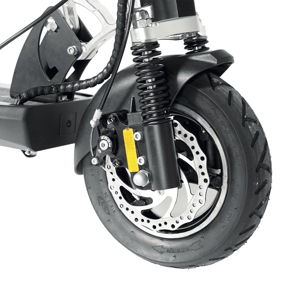 Detalle de la doble suspensión en patinete eléctrico.