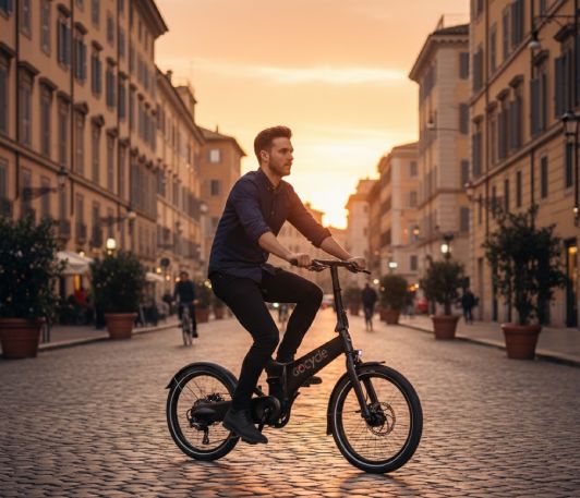 Ciclista en bicicleta eléctrica Gocycle G4i+ en la ciudad.