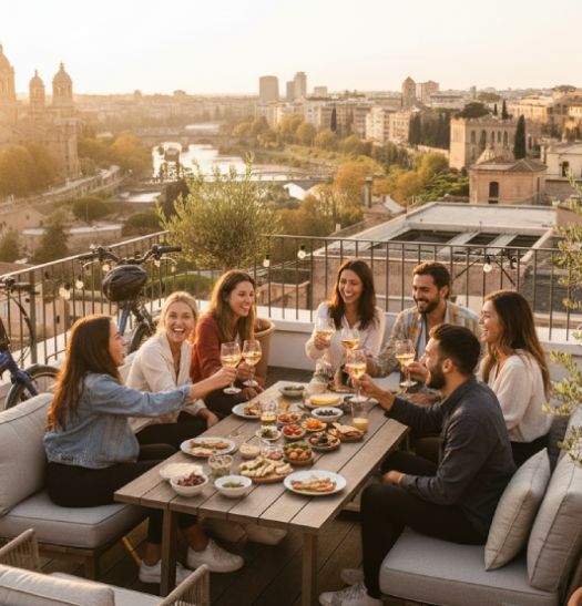 Grupo disfrutando en una terraza después de un paseo en bicicleta.