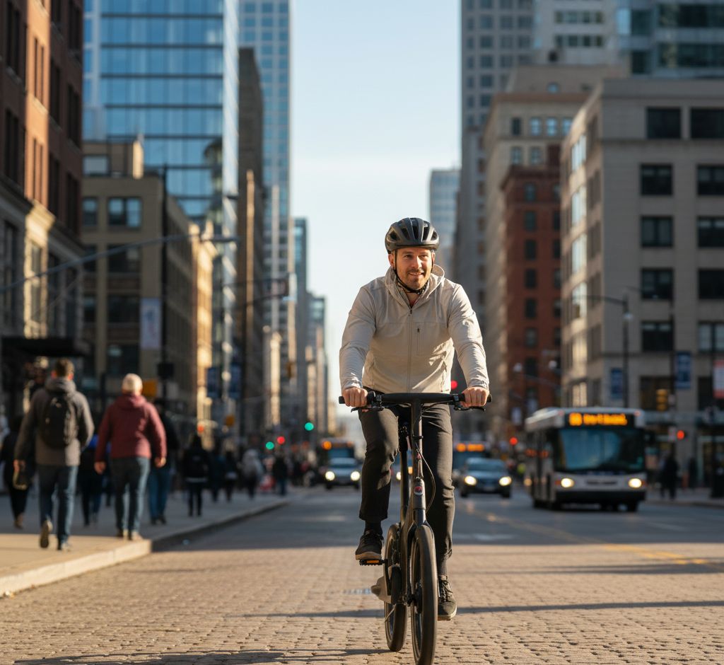 Ciclista con bicicleta Gocycle en la ciudad